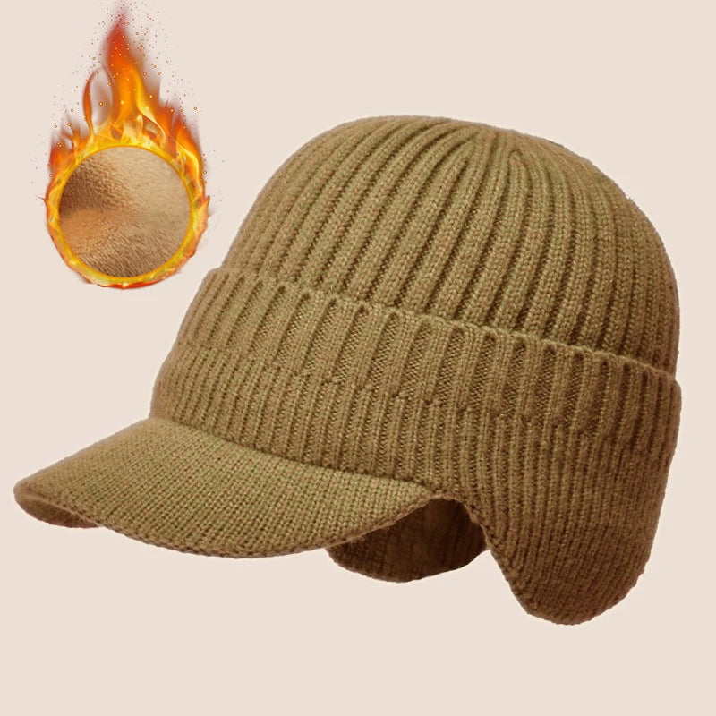 Belro men's knit ear cover winter hat in khaki, cozy knit cap with built-in ear covers for cold weather protection.