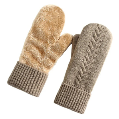 Khaki Belro double layer fleece lined winter mittens showing soft fleece interior and durable outer fabric for cold weather.