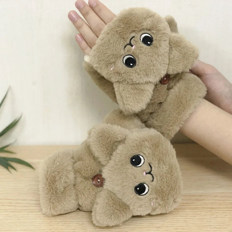 Belro plush animal fingerless gloves in khaki, featuring soft fabric and animal-themed design for cozy, stylish winter wear