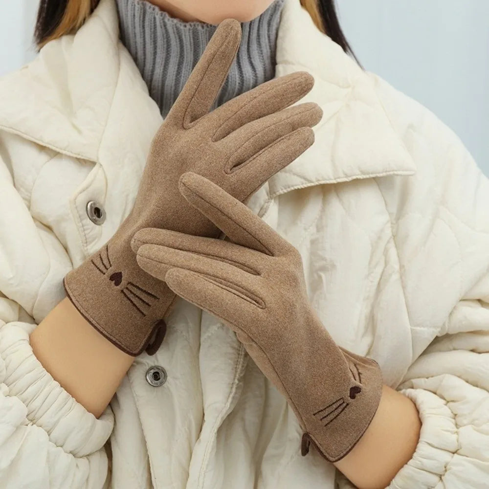 Khaki Belro women's touchscreen winter gloves with cat design, soft fabric, and knit cuff, suitable for cold weather.