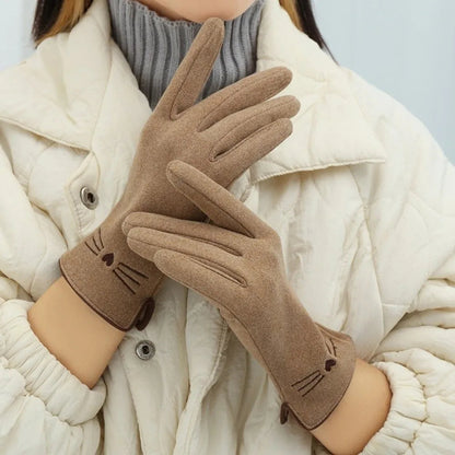 Khaki Belro women's touchscreen winter gloves with cat design, soft fabric, and knit cuff, suitable for cold weather.
