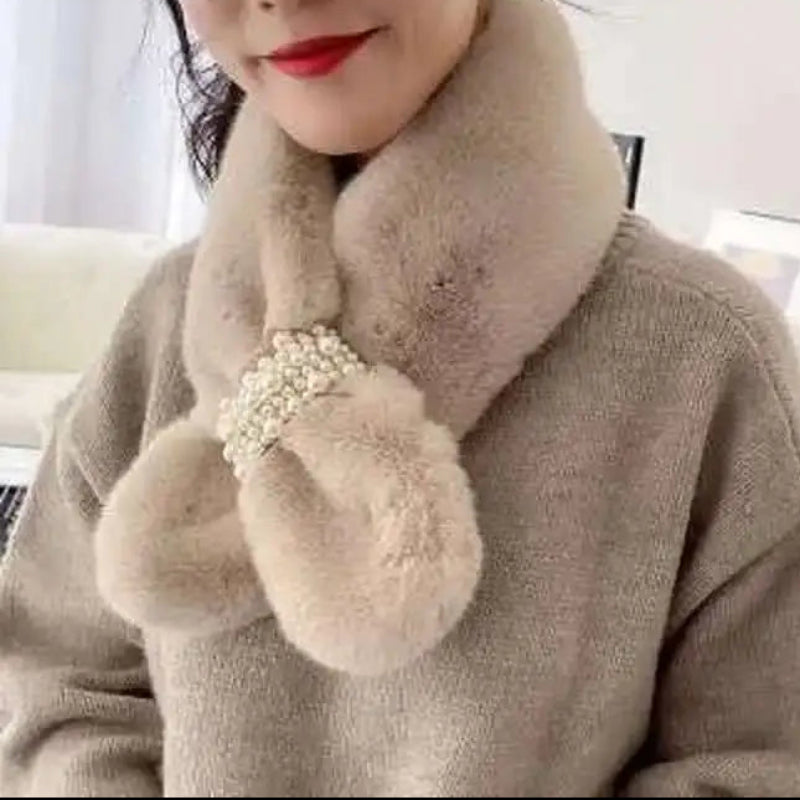 Belro luxury faux fur pearl winter scarf in khaki, showing plush fabric and elegant pearl accents for stylish warmth.