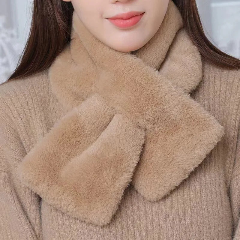 Khaki faux fur cross collar neck warmer winter scarf by Belro, stylish accessory with soft fur and cross design for warmth and fashion.
