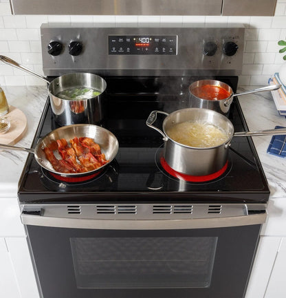 Casavibeo 30-inch freestanding electric range with four burners and digital control panel, stainless steel finish.