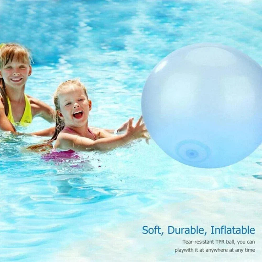 Kids playing with a large Belro Giant Bubble Ball, suitable for indoor and outdoor fun, in a bright, playful setting.