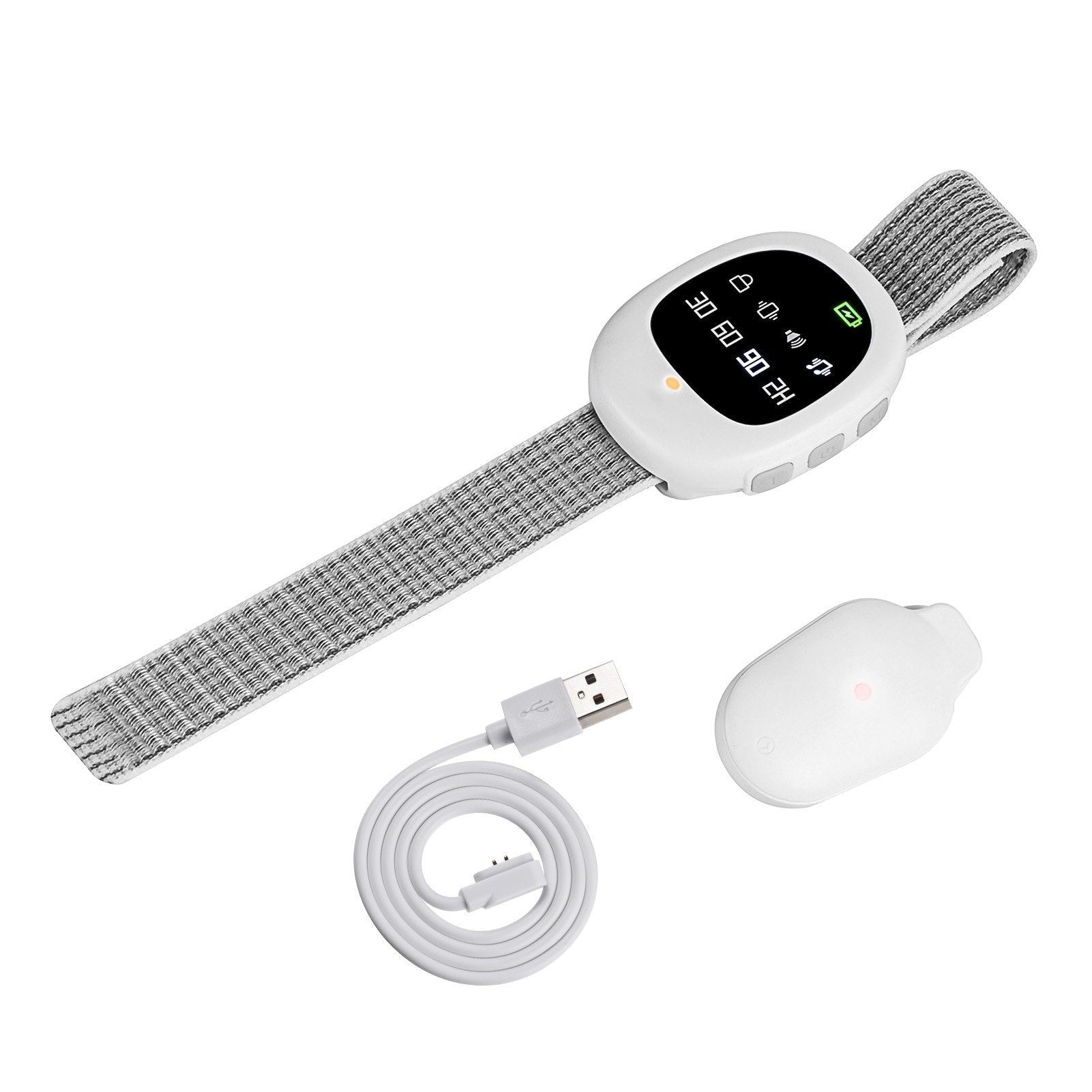 Wireless bedwetting alarm watch for kids and elders by GETDECO, showing a sleek wearable device with alert features for potty training.