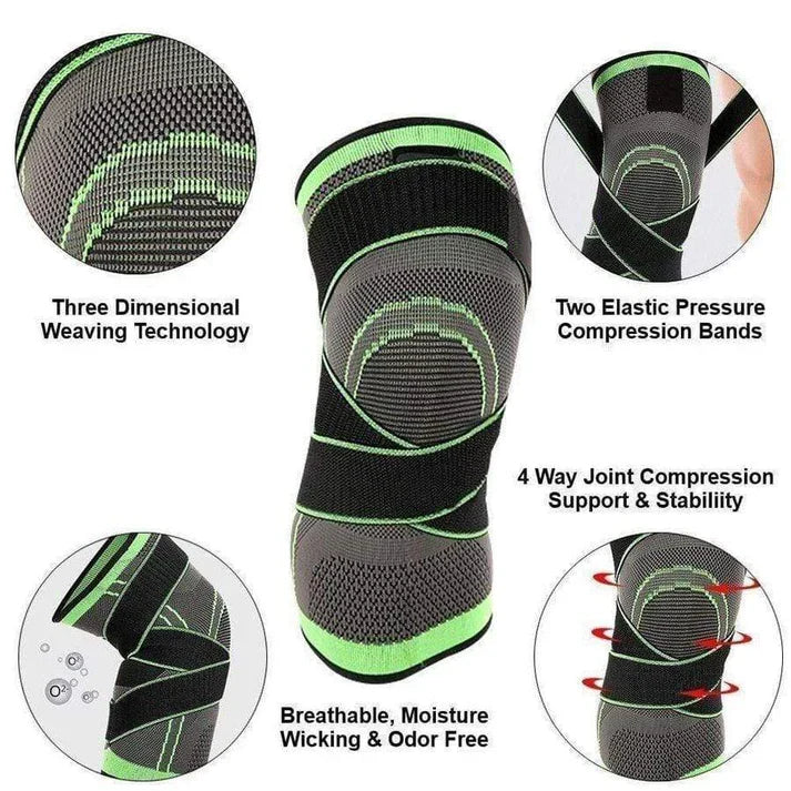 Belro knee brace compression sleeve with patella stability straps, designed for knee support and joint stabilization.