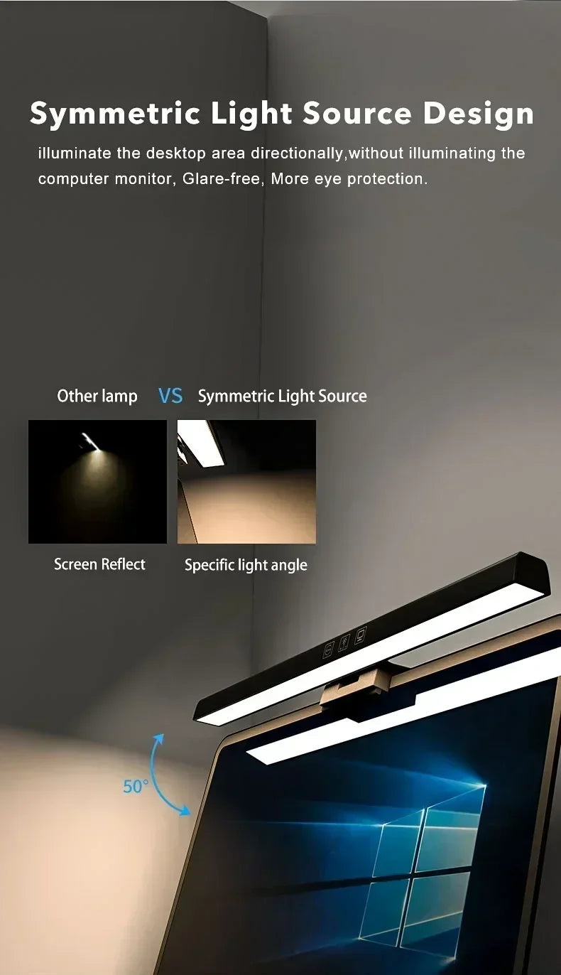 Belro LED monitor light bar attached to a computer monitor, providing adjustable backlighting for improved screen visibility.