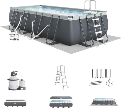 Intex Ultra XTR rectangular swimming pool set with pump, featuring a durable frame and clear water, ideal for backyard swimming.