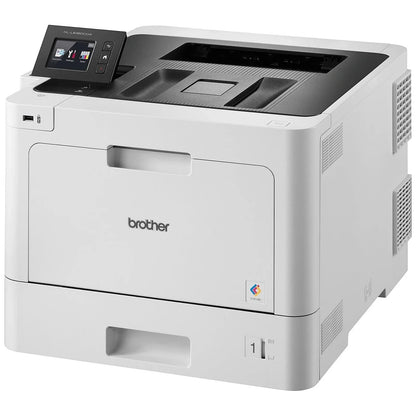 Brother HL-L8360CDW color laser printer in a professional office setting, showcasing its sleek design and multiple paper trays.