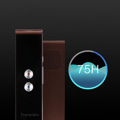 Belro portable voice translator device showing bilingual display and translation buttons, designed for travel and communication.