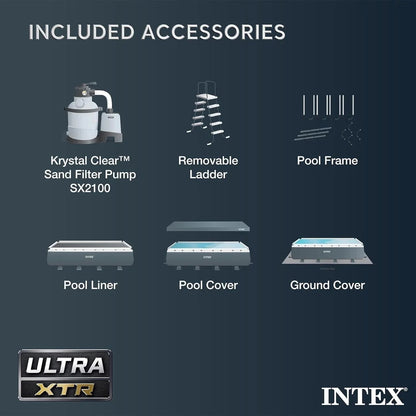 Casavibeo Intex Ultra XTR rectangular swimming pool set with pump, showing the large blue pool with pump system and accessories.