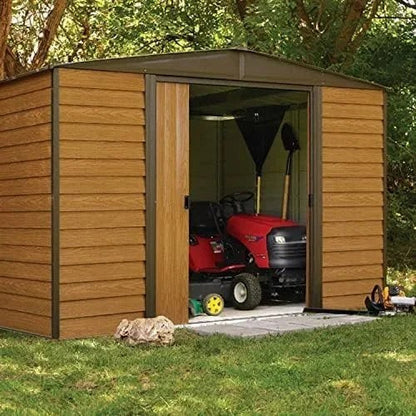 Arrow WR1012 Woodridge EG steel storage shed with double doors, vented roof, and window panels for outdoor organization.
