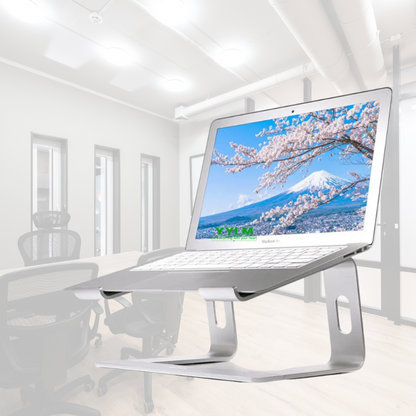 Belro aluminum vertical laptop stand holding a laptop, designed for electronics and computer organization.
