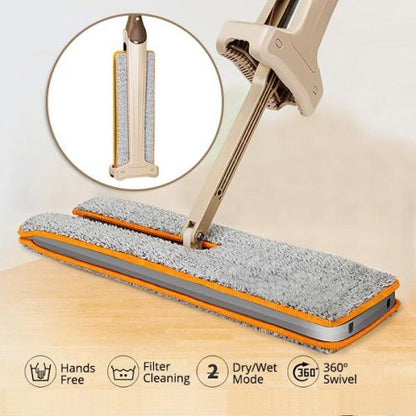Belro self-wringing double-sided microfiber mop and broom with 360° spin for efficient home cleaning, shown in use.