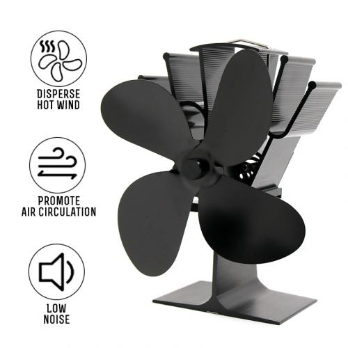 Belro heat powered fireplace fan on a wooden mantel, showing its metal body and blades ready to improve home heating efficiency.