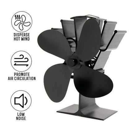 Belro heat powered fireplace fan on a wooden mantel, showing its metal body and blades ready to improve home heating efficiency.