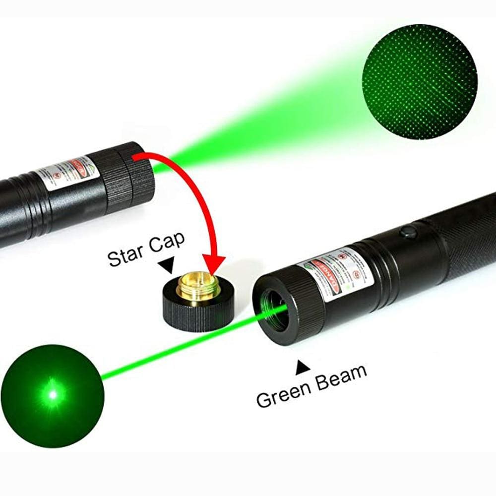 Belro Laser 303 high-power laser pointer in green, shown with battery box, designed for office and stationery use.