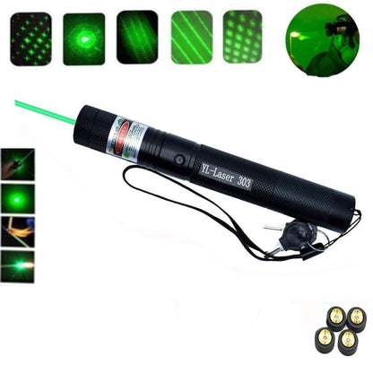 Green high-power Laser 303 pointer by Belro with four caps, shown in its packaging, designed for office and stationery use.