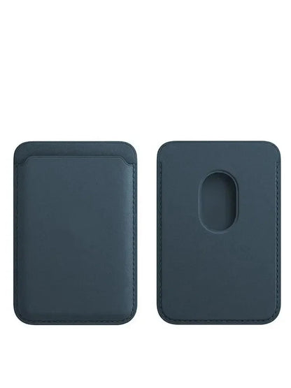 Dark blue leather magnetic card holder wallet for iPhone by Belro, featuring compact design and secure card storage.