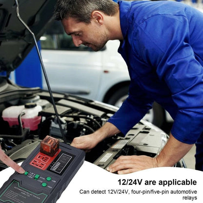 GETDECO automotive relay tester with LED display, 12V/24V, 4-pin and 5-pin connectors, large capacity battery for vehicle testing