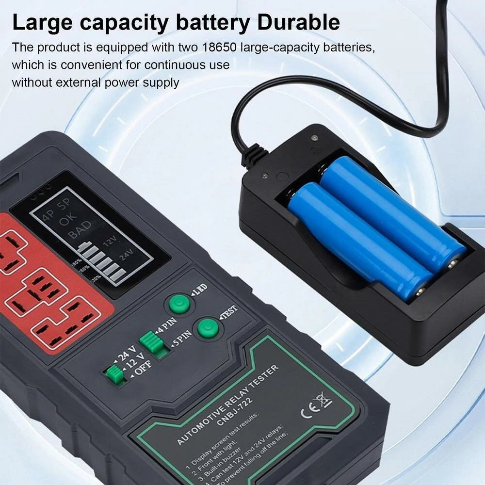 GETDECO LED display car relay tester for 12V/24V vehicles, 4-pin and 5-pin automotive relay testing tool with large capacity battery