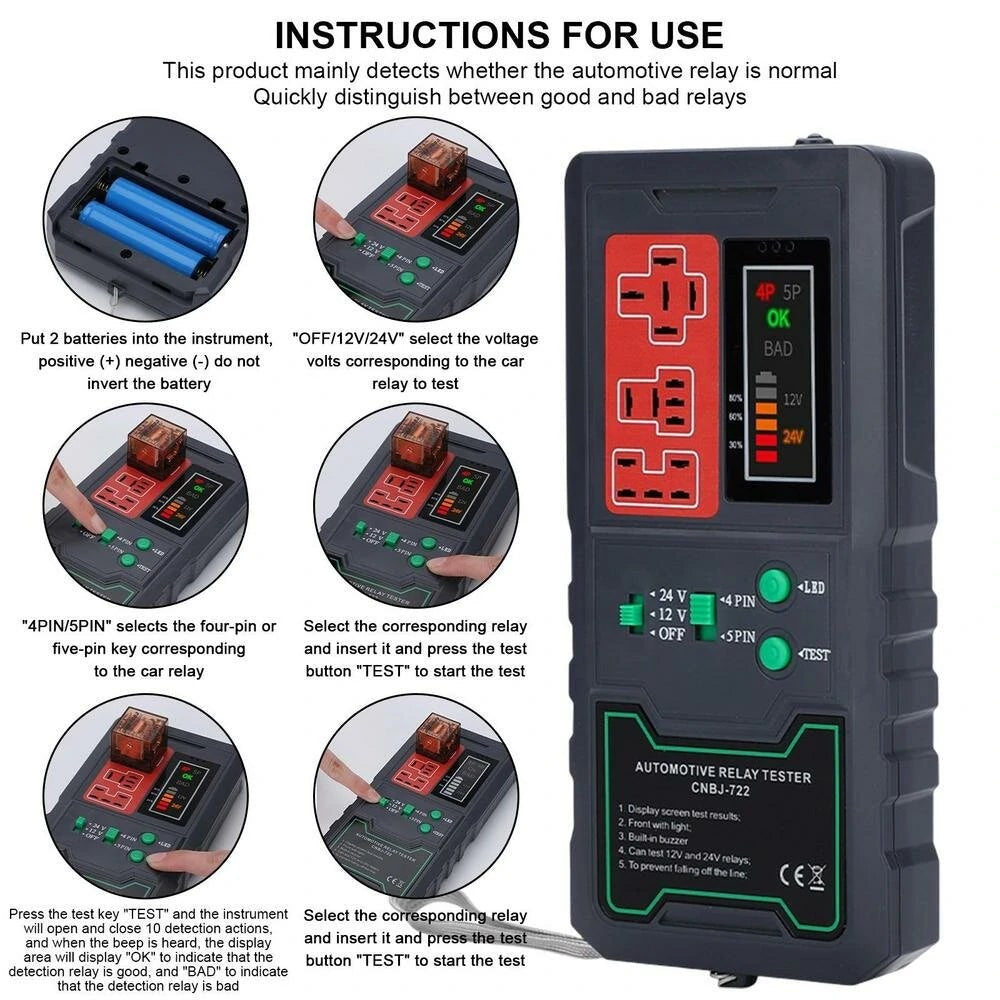 GETDECO LED display car relay tester for 12V/24V vehicles, 4-pin and 5-pin automotive relay testing with large capacity battery