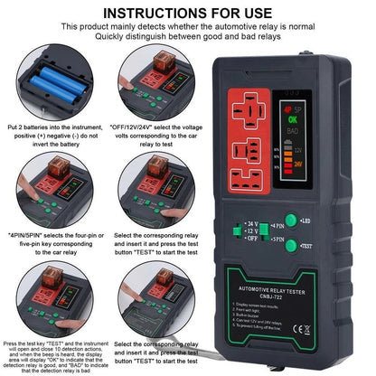 GETDECO LED display car relay tester for 12V/24V vehicles, 4-pin and 5-pin automotive relay testing with large capacity battery