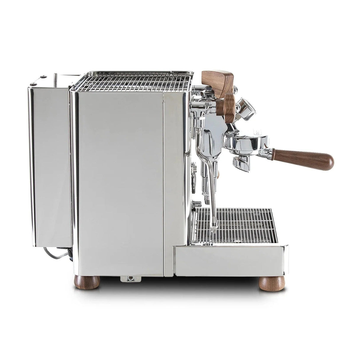 Side view of Casavibeo Lelit Bianca V3 espresso machine with stainless steel body and dual boilers for professional coffee brewing