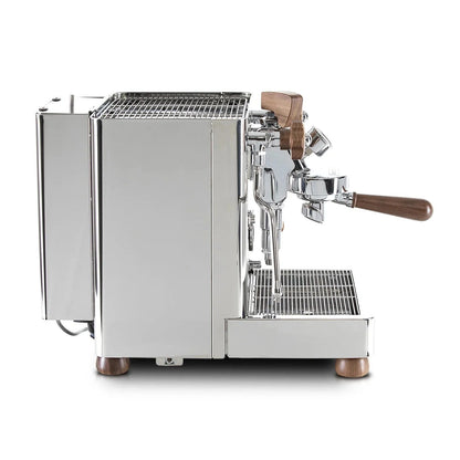 Side view of Casavibeo Lelit Bianca V3 espresso machine with stainless steel body and dual boilers for professional coffee brewing