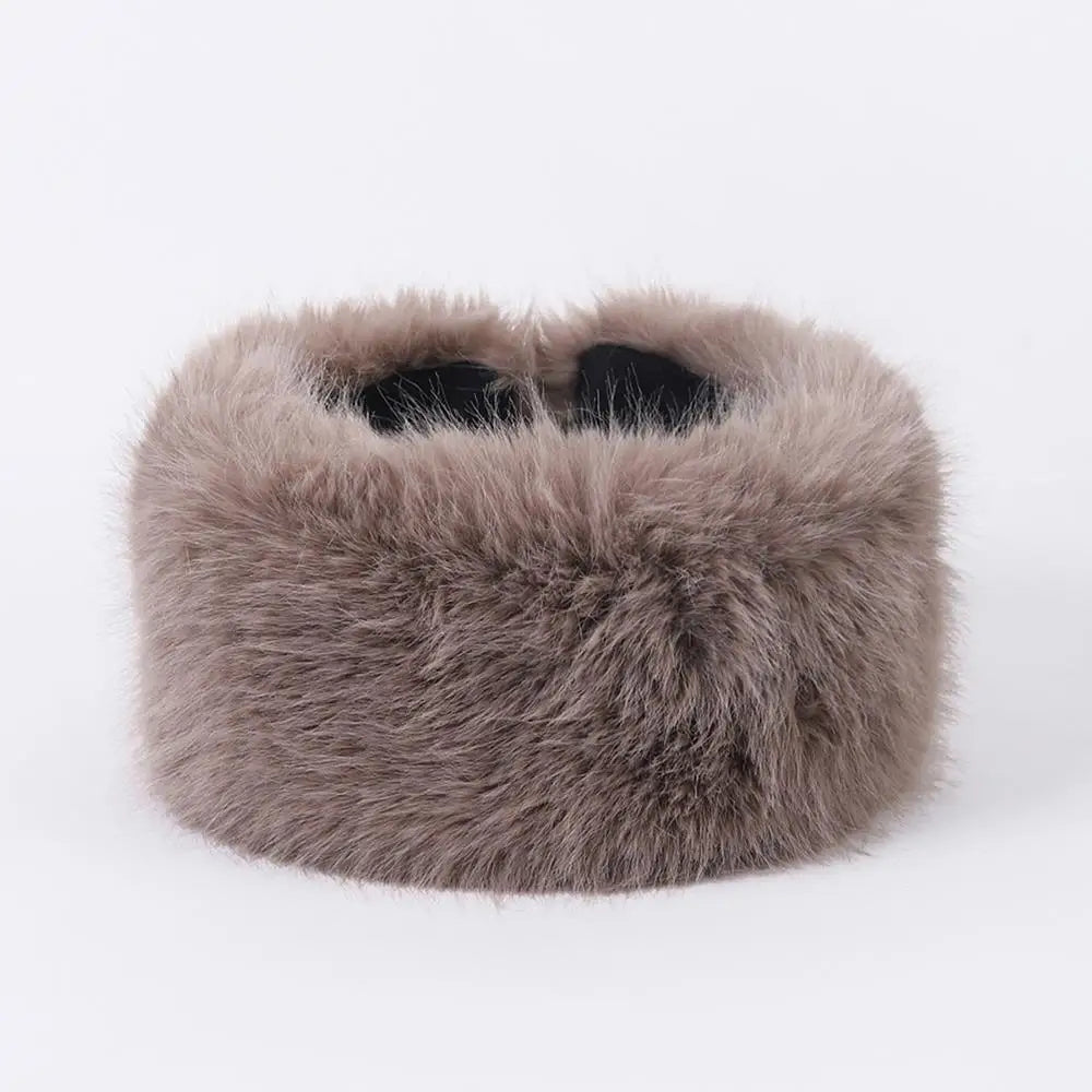 Light brown fluffy faux fur headband for women, Belro hair accessory, soft and cozy winter fashion accessory.