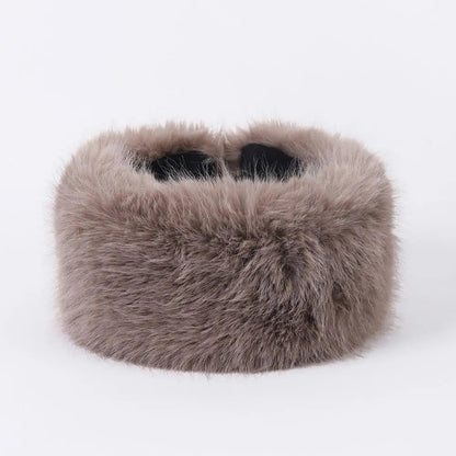 Light brown fluffy faux fur headband for women, Belro hair accessory, soft and cozy winter fashion accessory.