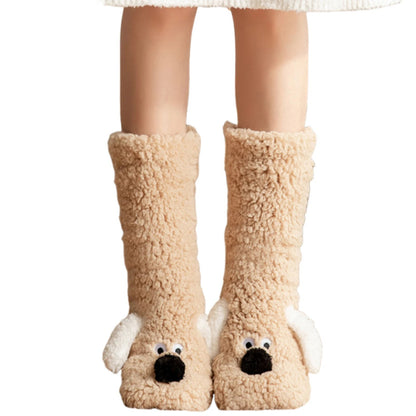 Light coffee-colored fuzzy dog-themed socks from Belro, cozy winter leg warmers with cute dog designs for warmth and comfort.