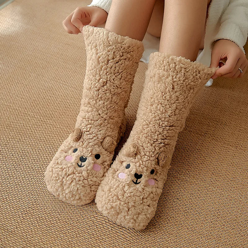 Belro Kawaii Bear Fleece Warm Socks in light coffee color, featuring cute bear patterns and cozy fleece material.