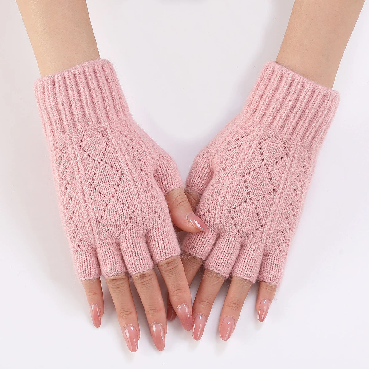 Light pink soft knit fingerless gloves for winter, Belro brand, cozy accessories for warmth and style.