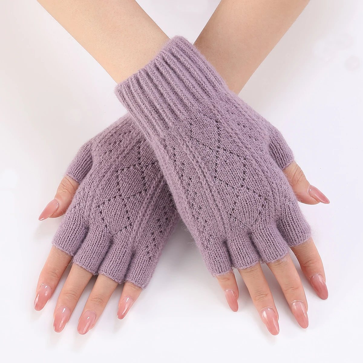 Light purple Belro soft knit fingerless gloves for winter, showcasing cozy, stretchy fabric perfect for cold weather accessories.