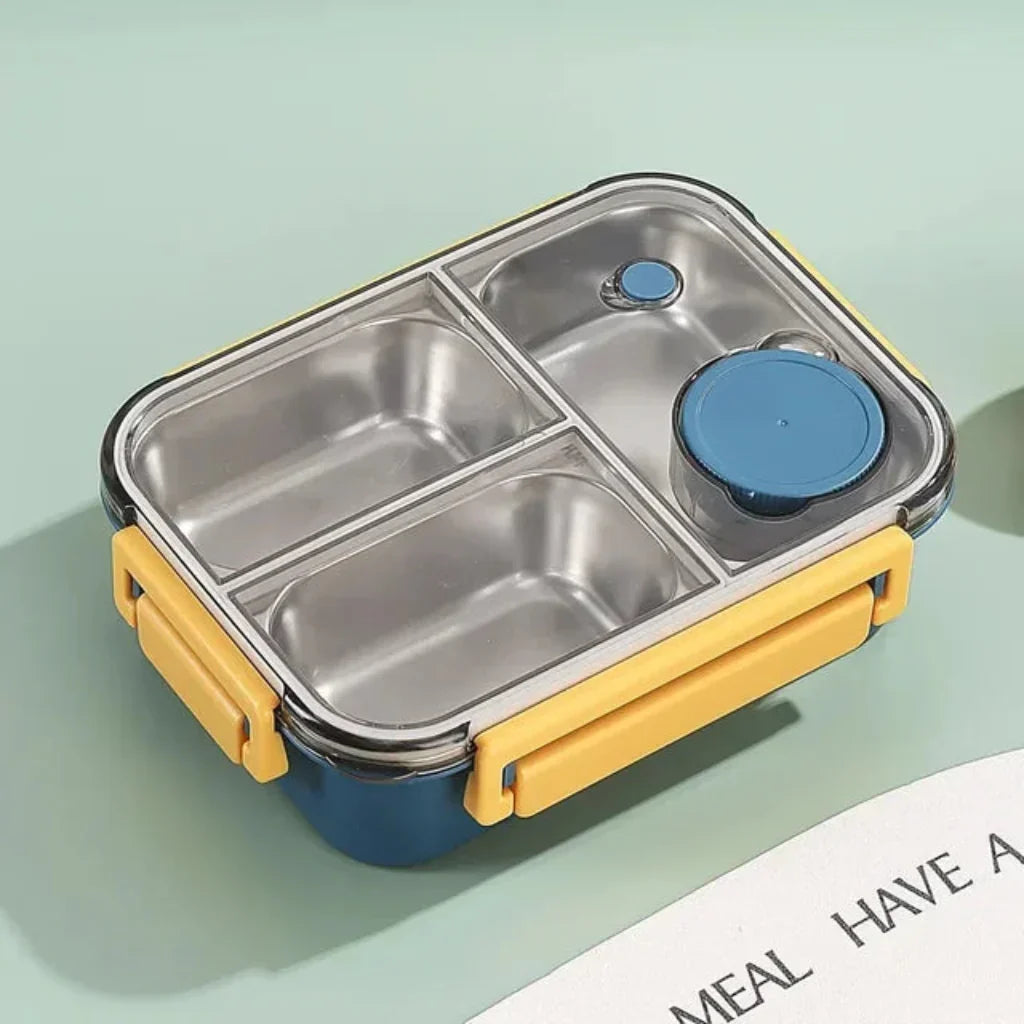 Stainless steel Bento lunch box with multiple compartments, leakproof design, and warm food container from DecorsDeluxe.