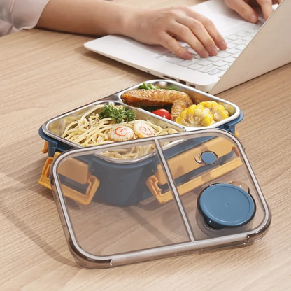 Stainless steel Bento lunch box with multiple compartments and leakproof design, ideal for kitchen storage and meal packing.