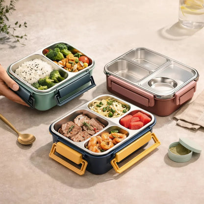Stainless steel Bento lunch box with multiple compartments and leakproof design, ideal for portioned meals and meal prep.