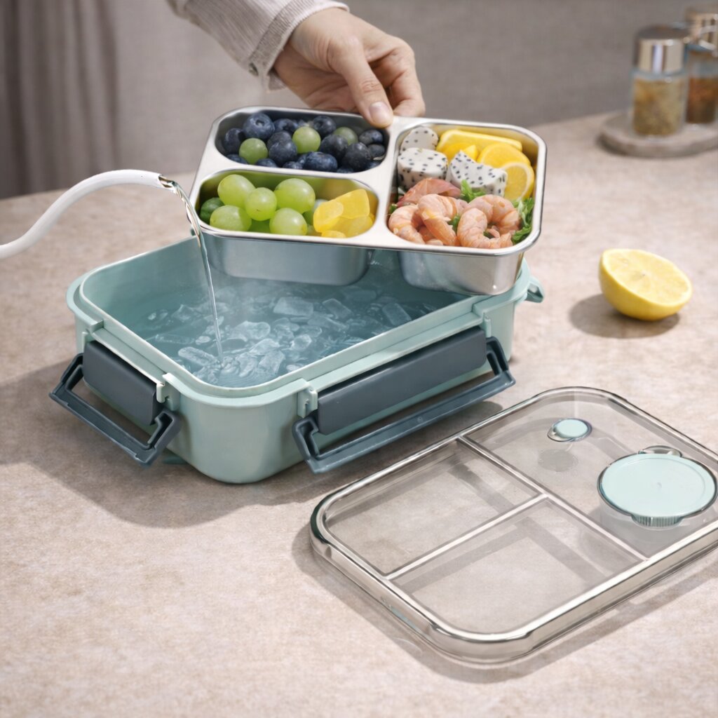 Stainless steel Bento lunch box with multiple compartments and leakproof design, ideal for portable kitchen storage by DecorsDeluxe.