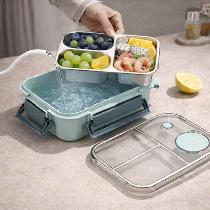 Stainless steel Bento lunch box with multiple compartments and leakproof design, ideal for portable kitchen storage by DecorsDeluxe.
