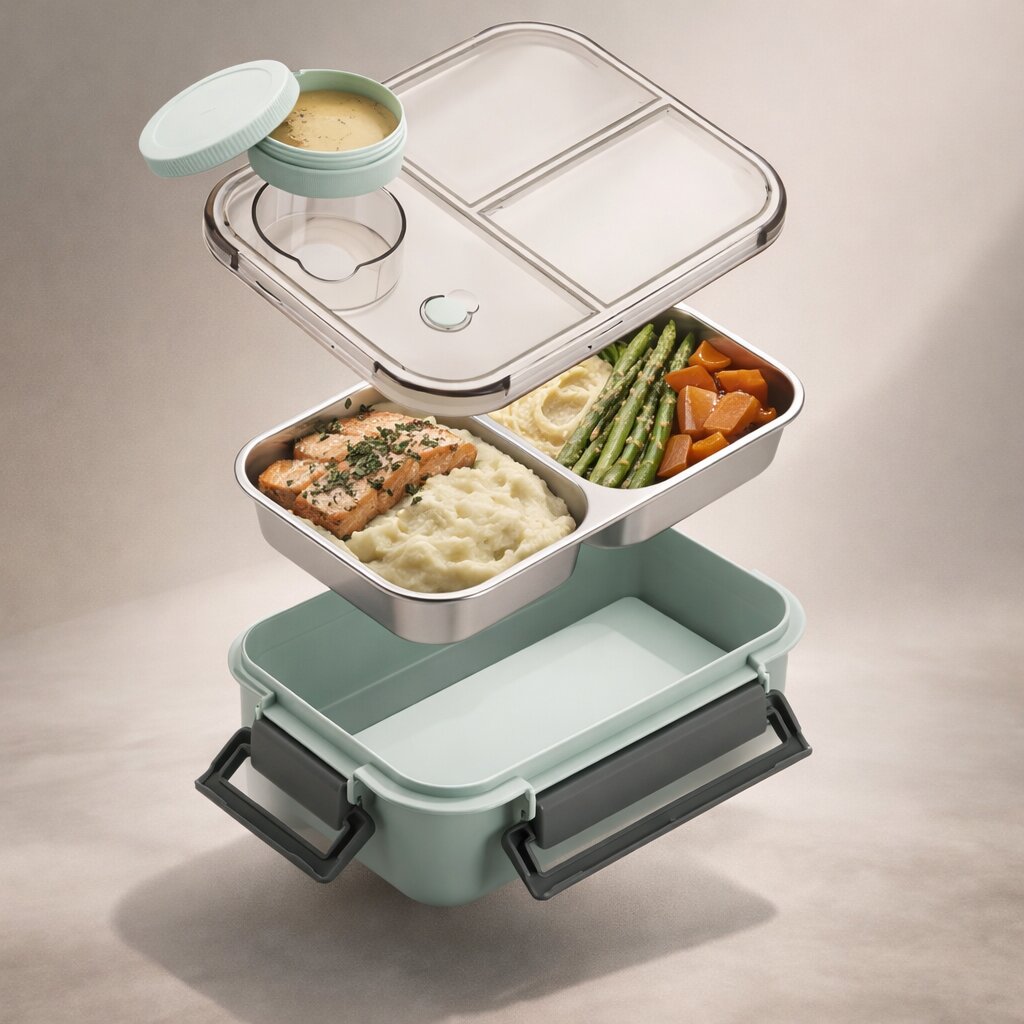 Stainless steel Bento lunch box with multiple compartments and leakproof design, ideal for kitchen storage by DecorsDeluxe