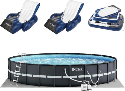 Casavibeo Intex Ultra XTR round frame pool with pumps, cooler, and floats, shown in a two-pack setup for outdoor summer fun.