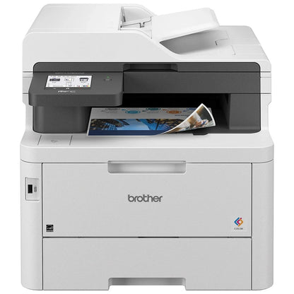 Brother MFC-L3780CDW wireless laser color printer with multiple paper trays and control panel, in a home or office setting.