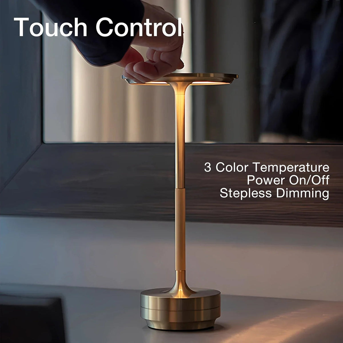 Belro cable-free rechargeable modern Aura table lamp with sleek design, glowing light, and touch control for ambient lighting.