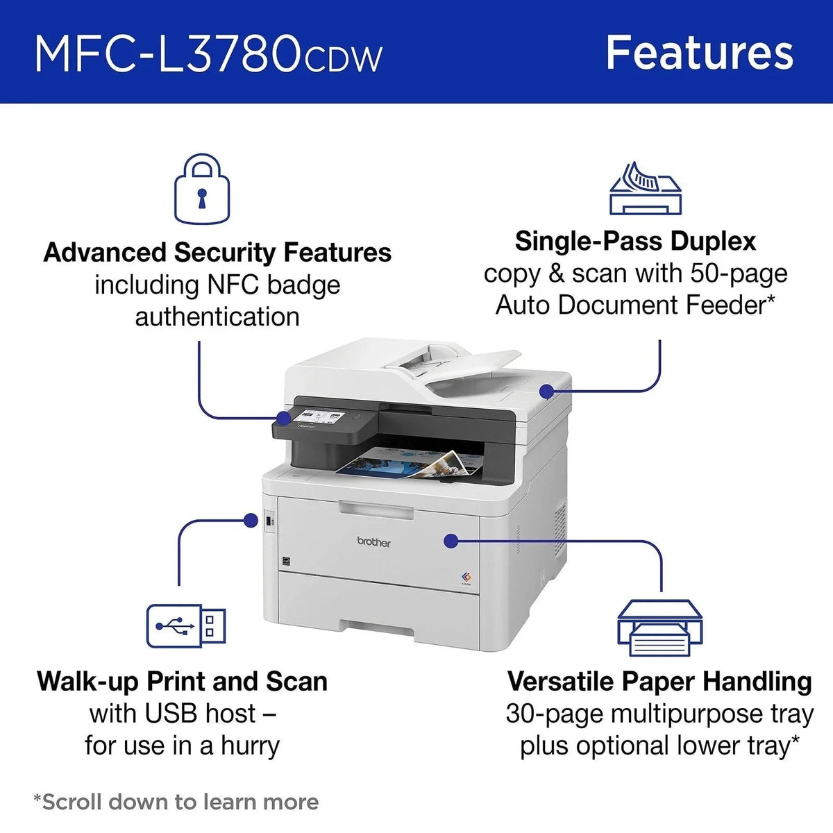 Brother MFC-L3780CDW wireless laser color printer with multiple paper trays and control panel, showcasing its sleek design.