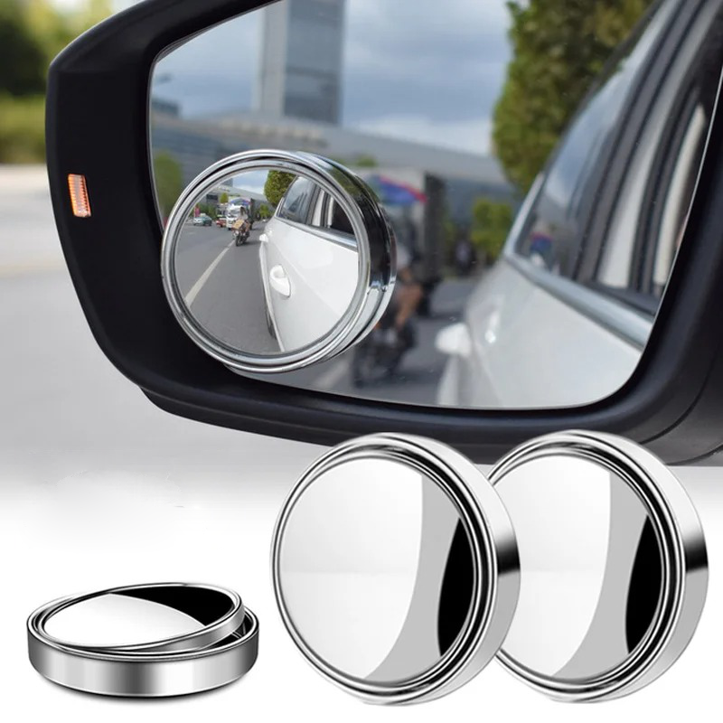 Belro automotive convex blind spot mirror showing a clear reflection on a car side mirror, enhances vehicle visibility.