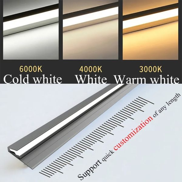 Belro 45 Degree LED under cabinet lighting bars, ultra-thin strips, installed under kitchen cabinets for ambient illumination.