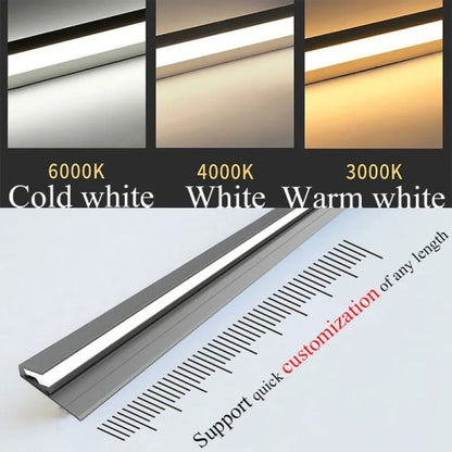 Belro 45 Degree LED under cabinet lighting bars, ultra-thin strips, installed under kitchen cabinets for ambient illumination.