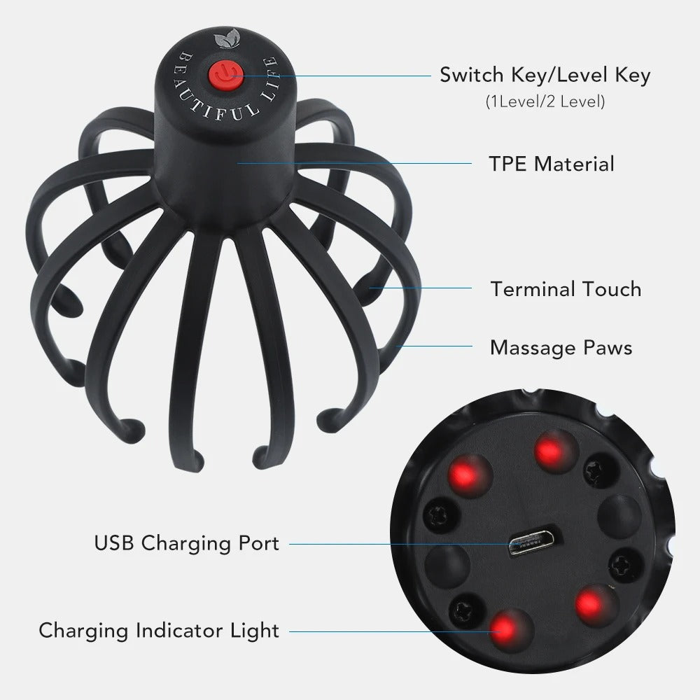Belro electric octopus head massager with multiple rotating arms for relaxing scalp massage and stress relief.